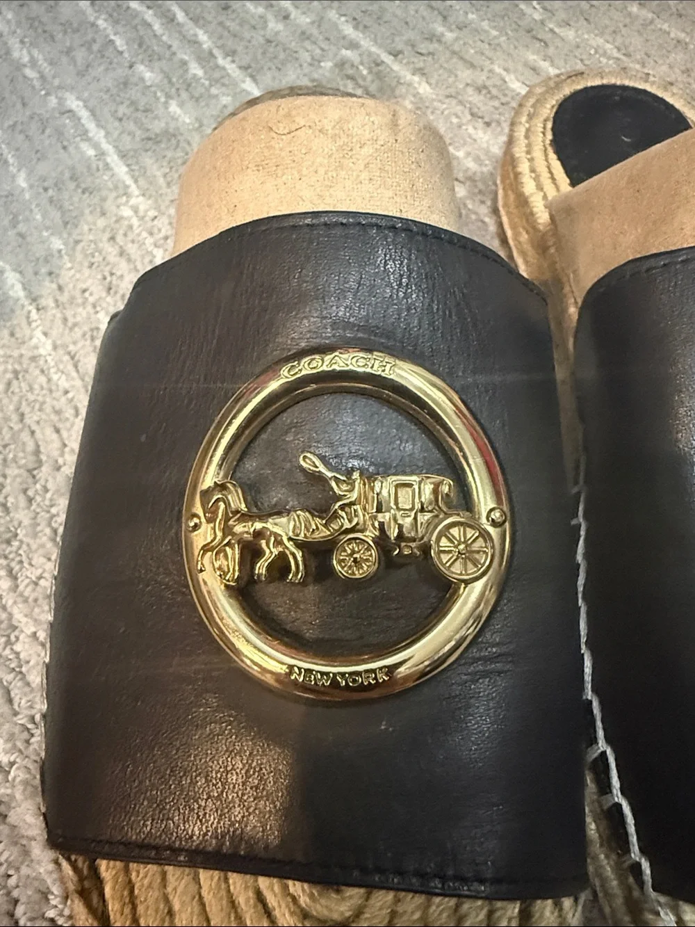Classic Coach Black Leather Espadrille Slides with Gold Carriage Emblem